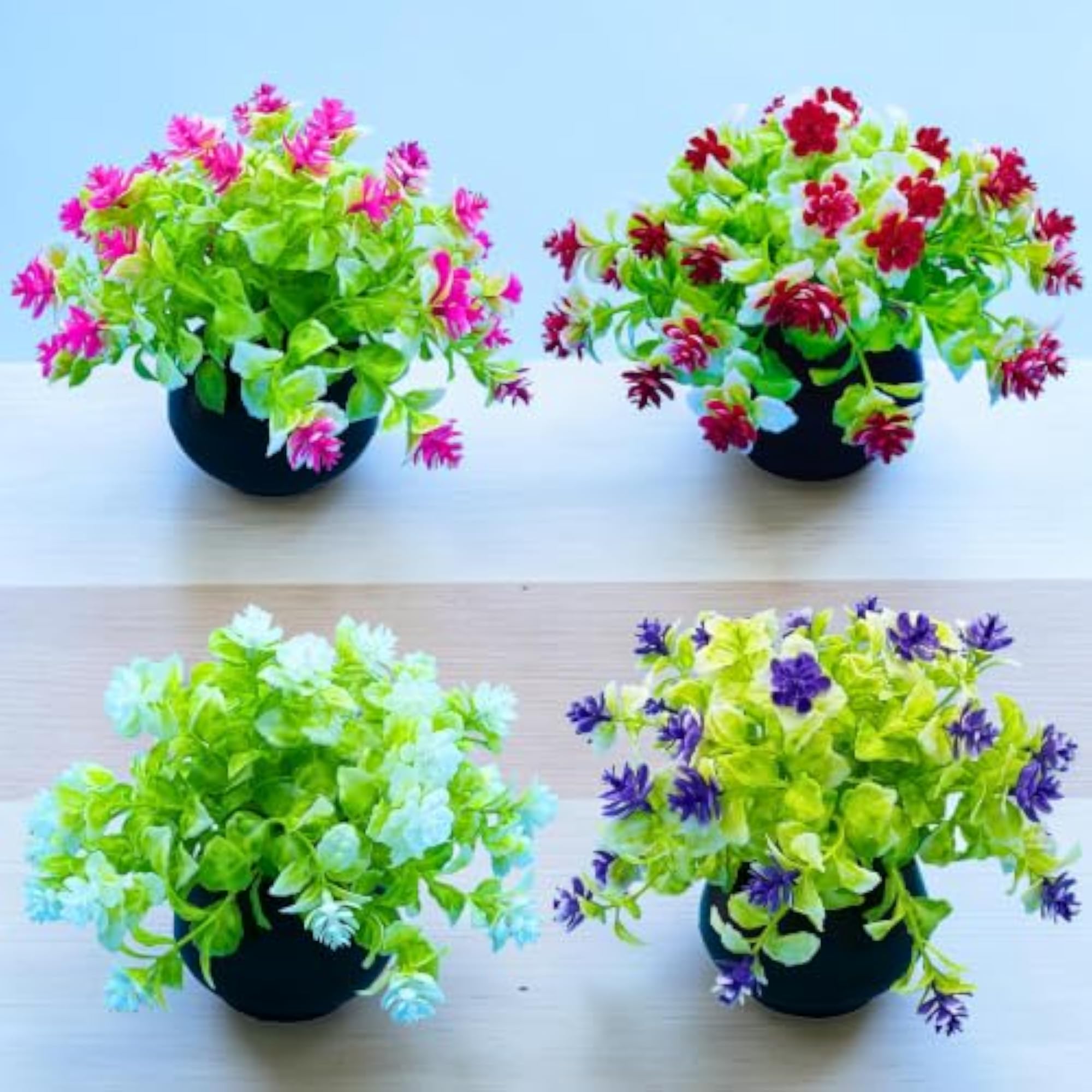 Artificial Flower Plants with Pot, Pack of 4, Multicolour