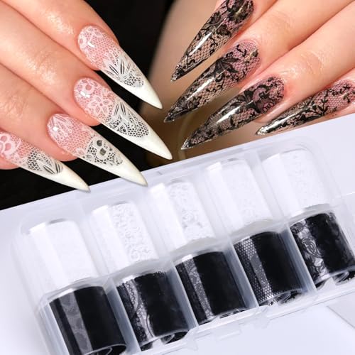 10 Rolls Lace Nail Foil White and Black Nail Transfer Foil Lace Flowers Designs Holographic Foils Nails Art Sticker Decals for DIY Acrylic Nails Manicure Wraps Decoration Supplies