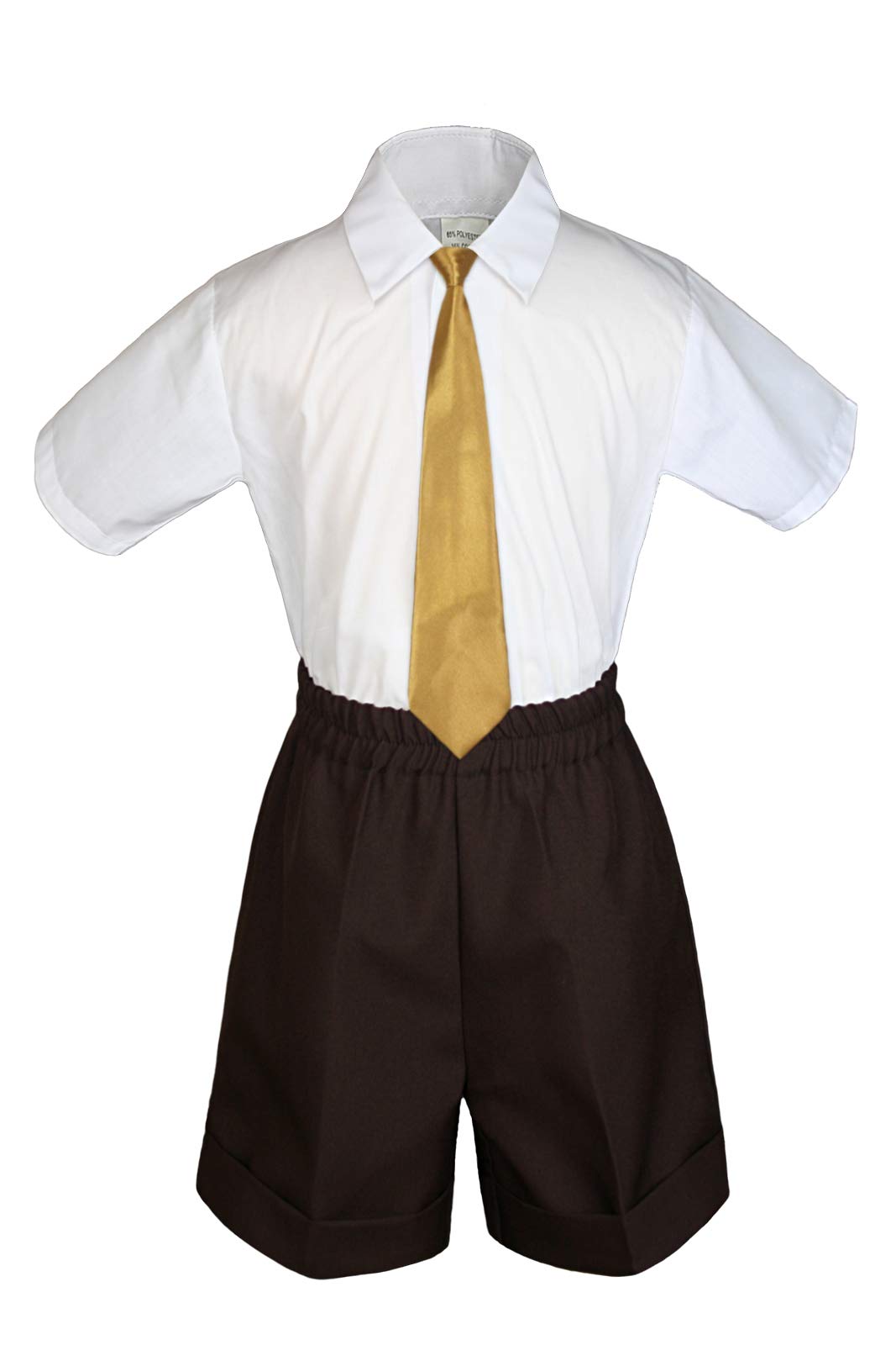 MILLTEX 3 Pieces Set Formal Party Wedding Color Satin Necktie Shirt Brown Shorts Set New Born Baby Boy Toddler Sm-4T (M (6-12 Months Old), Gold)