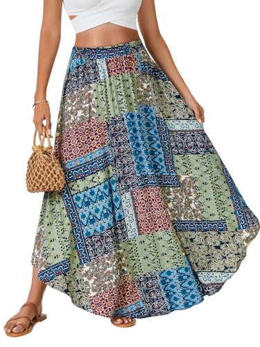 Rooscier Women's Asymmetric Floral Print Ruffle A Line Elastic Waist Boho Flowy Maxi Skirt