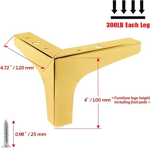 Miniatura 4 de Seimneire Patas para muebles, patas de metal dorado de 4 pulgadas para muebles, patas de mesita de noche resistentes para mesa, armario, sofá, silla