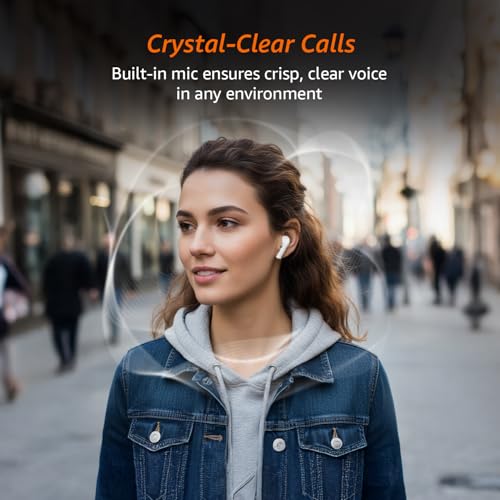 Image of Amazon Basics TWS Wireless in Ear Earbuds, Bluetooth 6.0 Earphones with Mic, 55H Playtime, Bluetrum 5656A Chipset, Compact 500 mAh Charging Case, Clear Calls, Ergonomic Design (White)