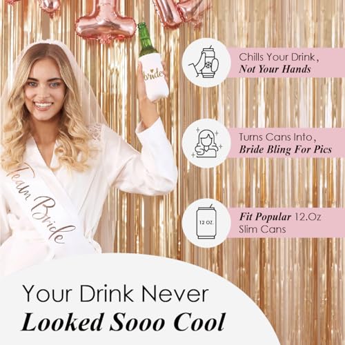 Image of PartyGifts&Beyond Bridesmaid Gifts Can Cooler 10Packs Bachelorette Party Decorations Slim Can Cooler Bride Squad Can Sleeves(Pink)