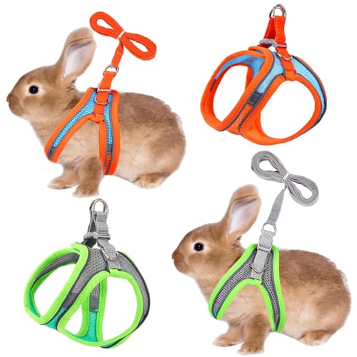 PETKNOWS 2 Pack Rabbit Harness and Leash Set, Double Buckle Bunny Harness with Reflective Strips Soft Breathable Mesh Vest Harness for Rabbits Walks Accessories