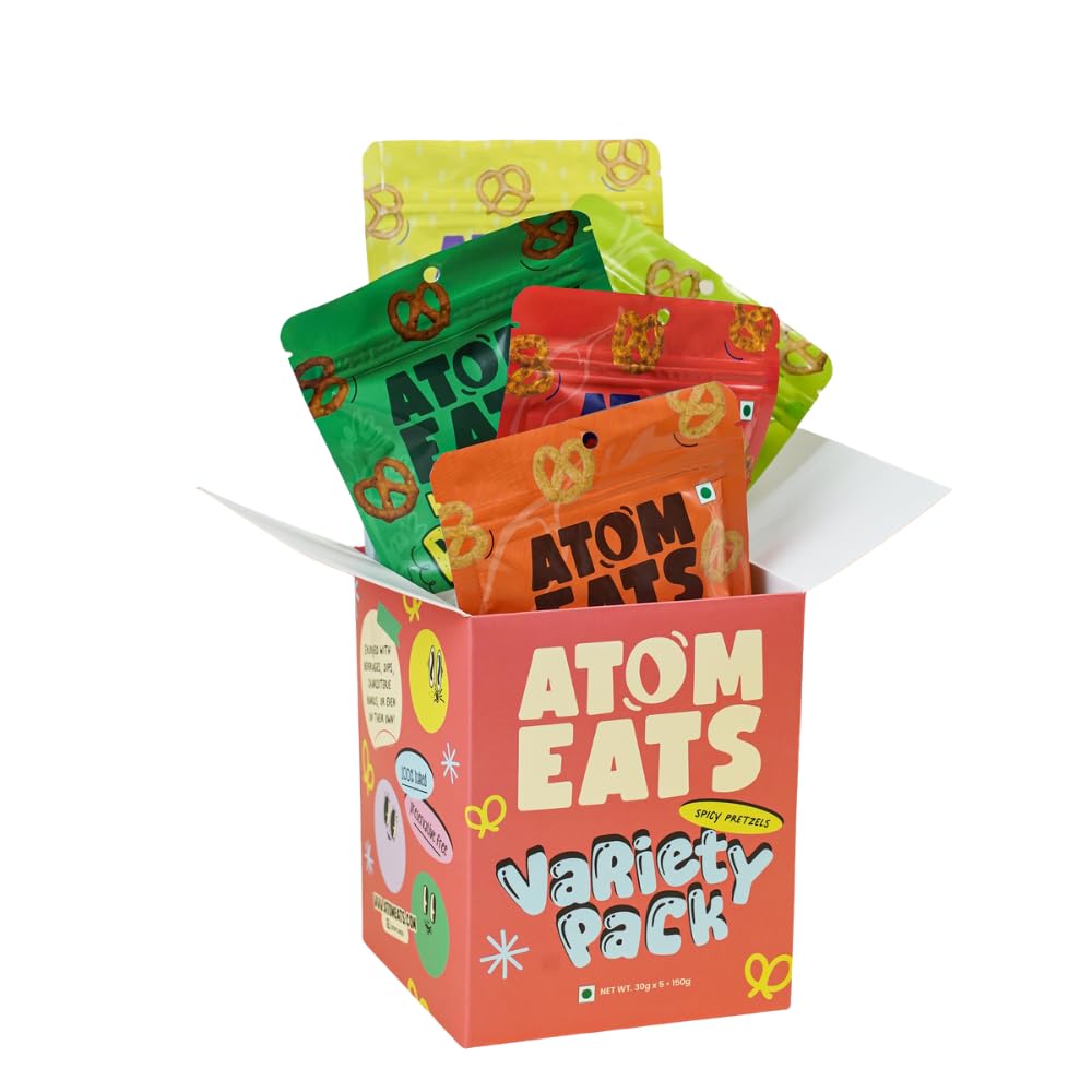 Atom Eats Spicy Pretzel Variety Pack - Pack of 5 (30g Each) | Mini Knots | Spicy Flavoured Mini Pretzels | Savoury Snacks, Sweet & Salty Crunchy Namkeen | Gourmet Treats for Parties, Travel & Anytime Indulgence | Imported Snacks