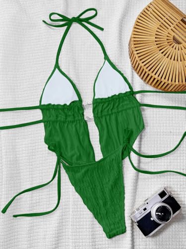 Image of RoseSeek Women's 2 Piece Boho Polka Dots Beaded Bikini Sets Sexy Swimsuits | Halter Swimsuits, Backless, Textured, Tie Side, Tankini Set, Bathing Suits, Summer, Vacation