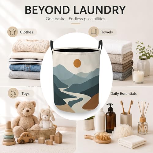 Image of Abstract Mountain Laundry Basket, Foldable Oxford Cloth Sunset Landscape Laundry Hamper with Handles, Tote Bag Clothes Storage Bucket for Laundry Room /Bathroom /Bedroom /Dormitories 20.8 inchx16 inch