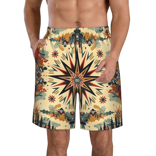 Native American Mountains Tribe Trees Stars Geometric Vintage Men's Quick Dry Swim Trunks Surfing Beach Mesh Board Shorts