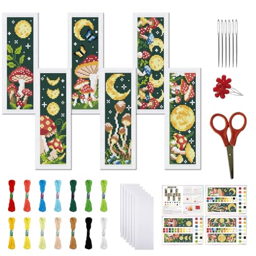 FREEBLOSS 6 Set Cross Stitch Bookmark Kit Stamped Cross Stitch Kit Mushroom Bush Embroidery Set with Instruction for Adults 8''*2.4''