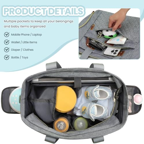 Image of Pritent Diaper Bag Tote for Working Mom, Large Travel Diaper Tote for Mom and Dad with 14 Inch Laptop Sleeve, Mommy Maternity Travel Baby Bag for Boys and Girls, Grey