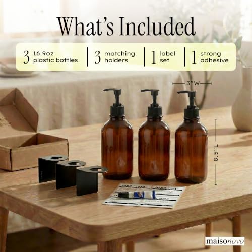 Image of Shampoo and Conditioner Dispenser Wall Mounted Set of 3 Amber Black - No Drill Shower Soap Dispenser for Bathroom Refillable - Spa Hotel Style Accessories by MaisoNovo