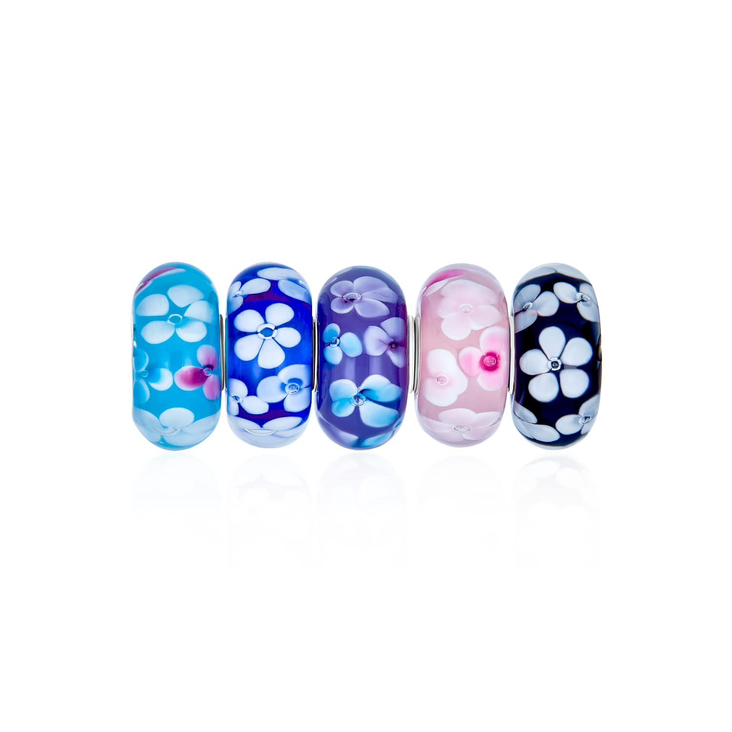 Gemischte Satz Von 5 Bundle .925 Sterling Silber Kern Transluzente Schattierungen Von Aqua Blau Schwarz Rosa Lila Vintage Floral Flower Murano Glas Charme Bead Spacer Fits European Armband