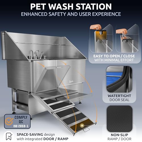 Image of KANIS Professional Dog Washing Station 304 Stainless Steel Pet Wash Sink & Grooming Bathtub w /Shower, Floor Grates and Storage for Large, Medium & Small Pets (Silver, 61 Inches, Left Ramp, 2 Drawers)
