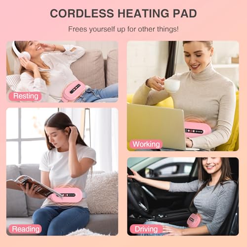 Cordless Heating Pad for Period Cramps with Massage Modes and 3 Heat Levels, Pink - Women and Girls