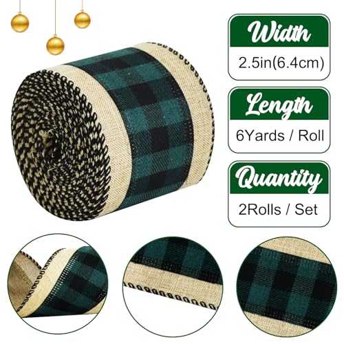 TONIFUL Black and Green Plaid Check Burlap Ribbon, 6cm x 6yds, 2pcs Burlap Wired Ribbon for Crafts Ornament Wrapping, Bows Making, Room and Party Decoration