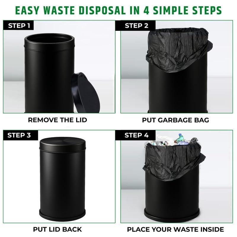 Image of mofna Stainless Steel Swing lid dustbin, Garbage Bin, Trash Can, with removable lid For Home, Kitchen, Bathroom, Office & Commercial Use - 12x28 In -60 Liter, Black, Pack of 1