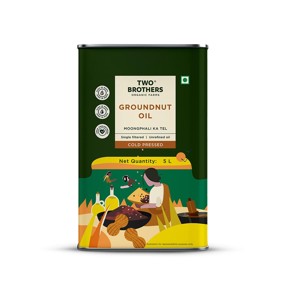 TWO BROTHERS ORGANIC FARMS Groundnut Oil, Made Using Farm Grown Groundnuts|Cold-Pressed And Single-Filtered Oil For Healthier Cooking|Kacchi Ghani/Mara Chekku, Natural And Unrefined 5 Litres Tin Can