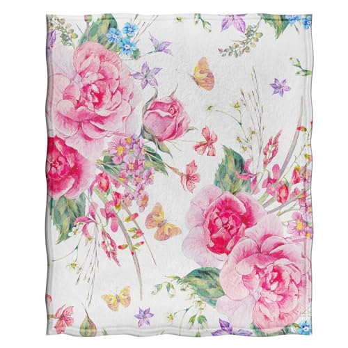 Jekeno Pink Flowers Floral Blanket Birthday Christmas for Women Kids Girls Mom Wife Daughter Sisters Home Bedroom Spring Butterfly Decor Mother's Day Plush Throw Blankets 50"x60"