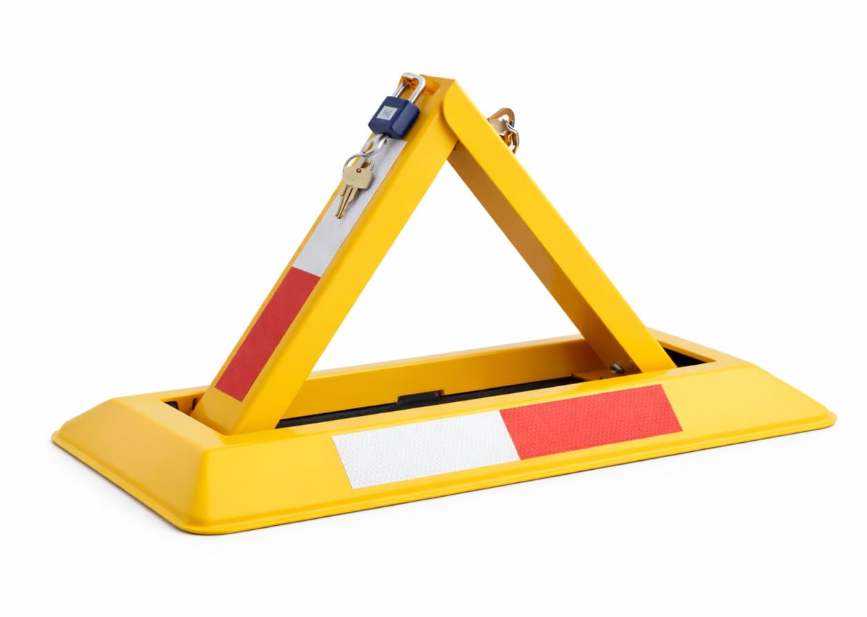 FERPASA® - Barrera de Parking Triangular Termolacada con Cerradura, Porta-candado y Bandas Reflectante - Valla de Aparcamiento Triangular