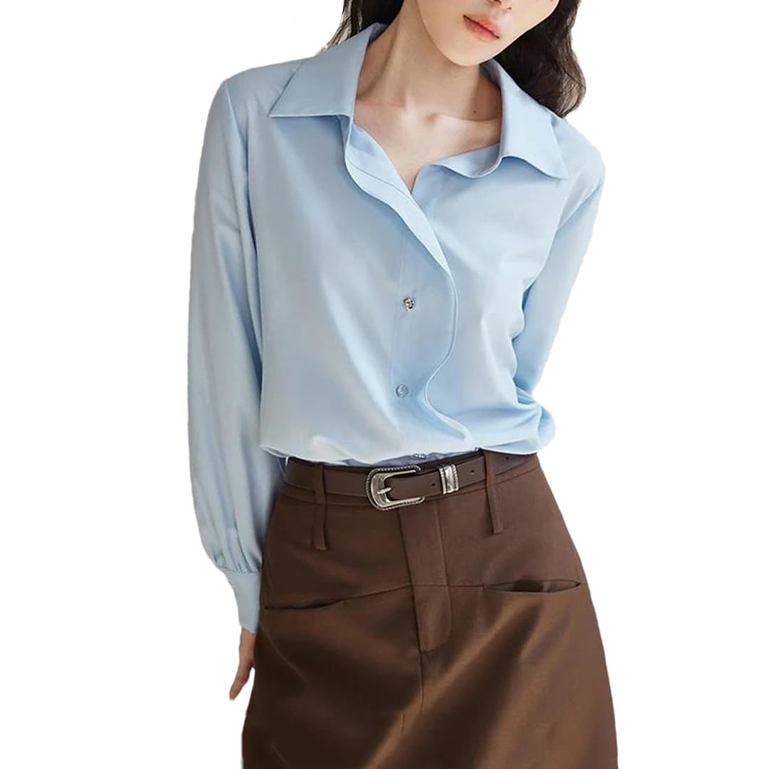 Blusas de manga larga con cuello polo para mujer, sencillas, lisas, con solapa oblicua, parte superior formal