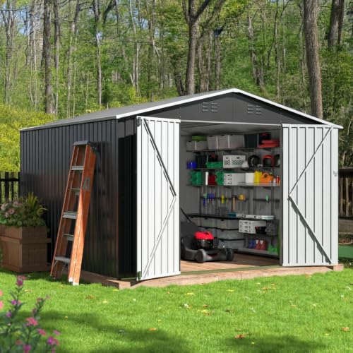 Image of AirWire 10x10 FT Outdoor Storage Shed | Garden Shed with Updated Frame Structure and Lockable Doors, Metal Tool Sheds for Backyard Garden Patio Lawn, Grey