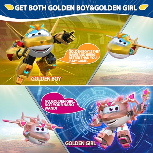 Super Wings Transformable Toys Playset, 5 in Golden Boy and Golden Girl Airplane Transforming Figures Toys Set, 2 in 1 Mode Rescue Bots Toy for 3-5 Year Old Boys Girls Toy for Toddlers Kids Age 3-5