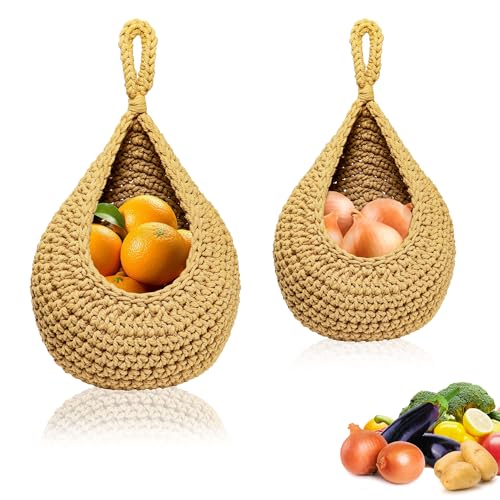 RongQiLBB 2 Piezas Cesta Colgantes para Frutas Vegetales, Cestas de Almacenamiento Cestos para Colgar Tejida a Mano Montable en la Pared para Cocina, Sala de Estar, Porche (Caqui)