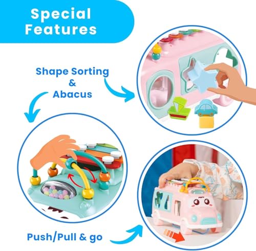 Image of LONGMIRE Plastic Musical Happy Bus Toy Baby Toys 6-18 Months with Xylophone & Shape Sorter Push & Pull Educational and Learning Toys for 1 2 3 4 5 Year Old Gift for Toddlers-Blue