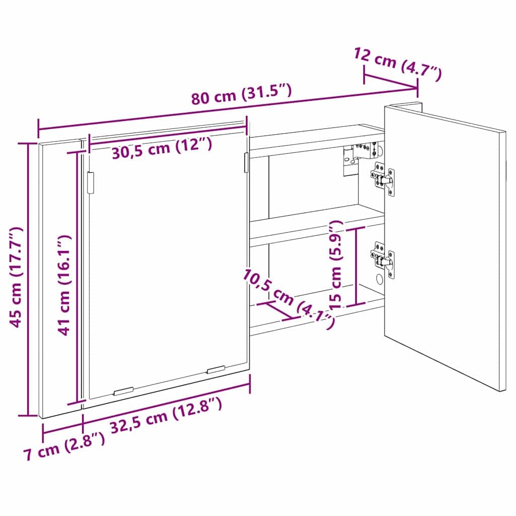 vidaXL Szafka z lustrem do łazienki Stare drewno 80 x 12 x 45 cm, Nowoczesna szafka z lustrem, prostokątny montaż na ścianie, trwałe miejsce na kosmetyki, z podświetleniem LED
