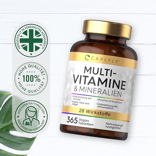 Multivitamin Tabletten Hochdosiert mit 28 Vitamine & Mineralien | 365 Vegane Stk | Immunsystem & Blutdruck (EFSA) | Nahrungsergänzungsmittel Frauen & Männer | Mineralstoffe Komplex | von Carlyle