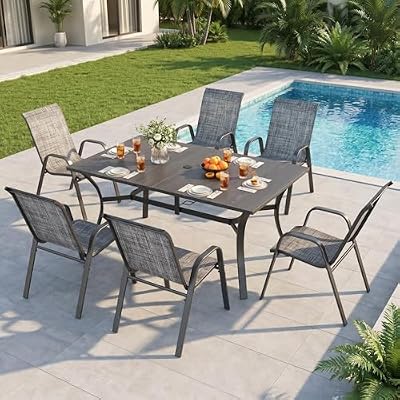 LUTINLIX Outdoor Dining Set for 6,7pcs Patio Table and Chairs Set with Adjustable Umbrella Hole,Heavy Duty 63”x37.8” Metal Dining Table and Stackable Patio Chair for Yard, Garden, Porch