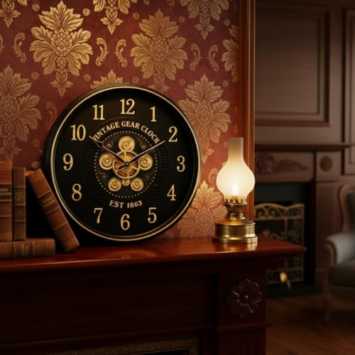 Image of STAR WORK Vintage Gear Wall Clock Industrial Rustic Farmhouse Classic Style Mechanical Charm Perfect for Living Room Bedroom Office or Entryway Decor (Black -20 INCH)