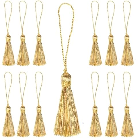 Fenghuangwu 48pcs 3.75inch Mini Bookmark Tassels Handmade Keychain Tassel Silky Floss Craft Tassel for Jewelry Making,Tags,DIY Accessory(New Gold) Cover