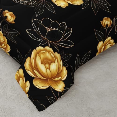 Image of AILONEN Gilded Peony Queen Comforter Set 3 Piece, Dark Garden Bedding Pack, Leaf Outline Artwork, Guest Bedroom, 2 Pillowcases