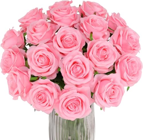 Image of Dekorly Artificial Fake Roses Flowers - 10 Pcs Fake Artificial Roses Silk Flowers with Stems for Home Room Tabletop Wedding Hotel Office Centerpiece Decor | Height 18 Inch (Pink)