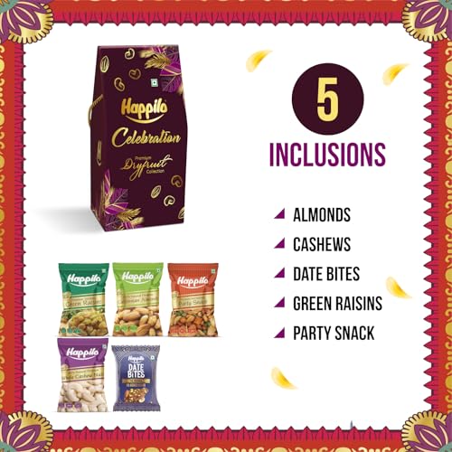 Image of Happilo Premium Diwali Gift Pack with 8 Inclusions | Evil Eye Thread, Almond, Cashew, Raisin, Date Bite, Snack, Roli Chawal & Card, Dry Fruits DOVE Gift Box (Pack of 5)