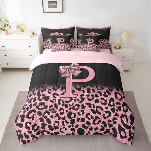 Image of Feelyou Bow Initial Letter P Comforter Set with Sheets 7 Piece King Size Glitter Leopard Print Bedding Set for Kids Boys Girls Girly Bow Bed in a Bag Room Decor Soft Lightweight Microfiber