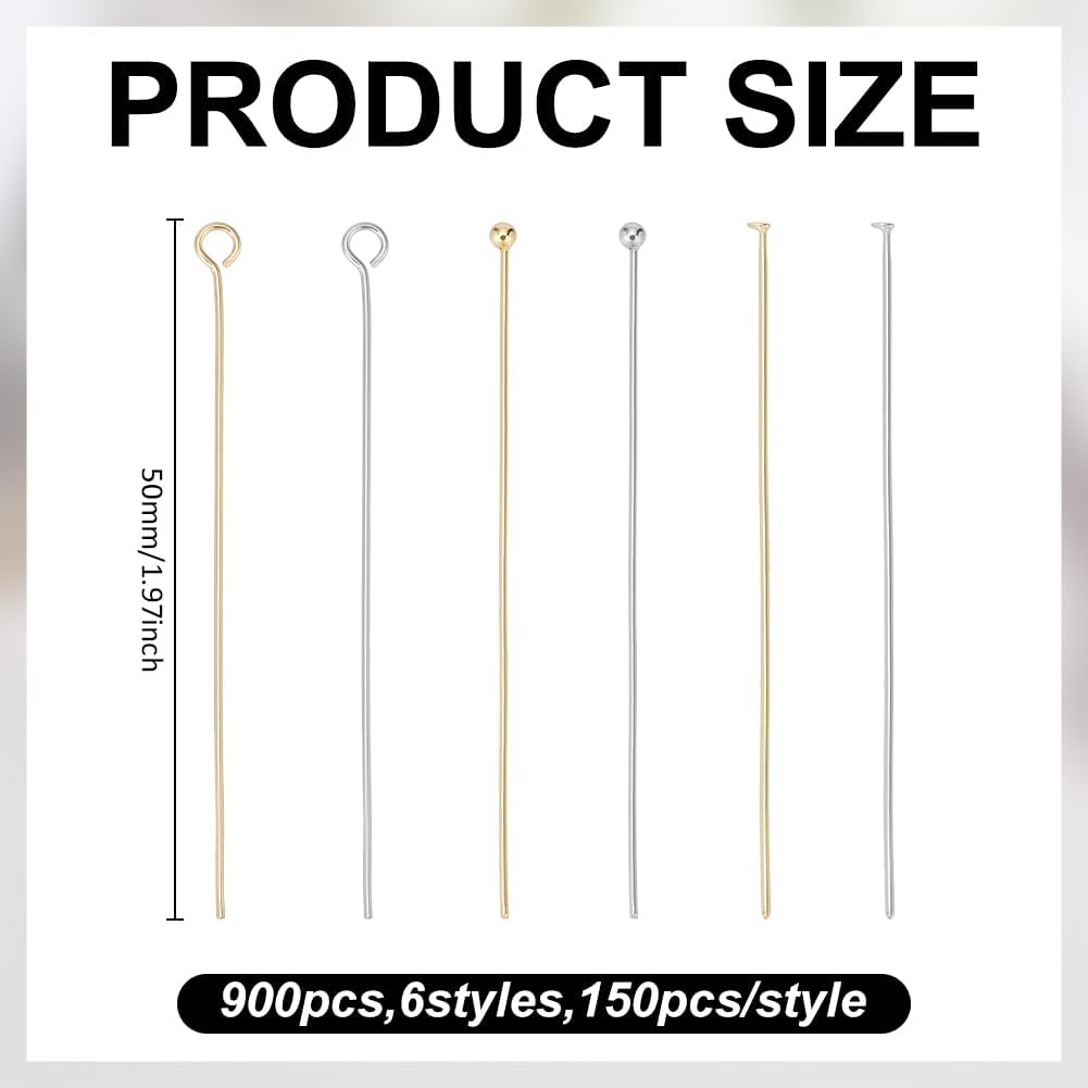 600Pcs 6 Styles Flat Head Pins for Jewelry Making 304 Stainless Steel Flat Head Ball Eye Pins Metal Eyepins Headpins Ball Pin for Earring Necklace Bracelet Crafts Golden Stainless Steel