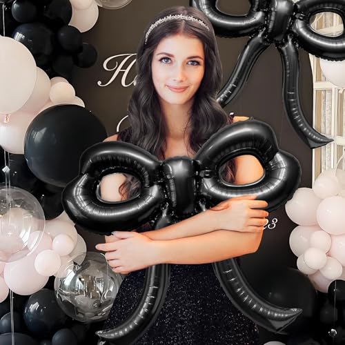 Image of 2 Pcs Bow Birthday Decorations Black Bow Balloons Bow Party Decorations Giant Foil Balloon for Girl Women Baby Shower Bridal Engagement Wedding Decor Bachelorette Party Supplies