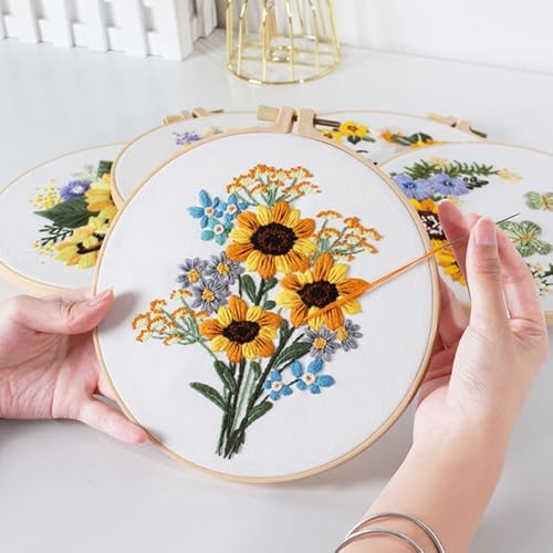 Image of 5 Pack embroidery kit for beginners Adults DIY Starter Kit,Sunflower Gifts for Women Cross Stitch Kits with Flower Stamped Patterns, Embroidery Hoop, Tools,Colorful Threads,Hand Craft Lover Gift