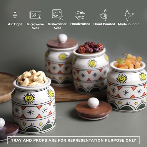 Image of Ceramic Jar & Container for Kitchen Storage Set | Multi Utility Air Tight Kitchen Organizer Items | Tea Coffee Sugar Containers with Wooden Lids (Hand-Painted, 450 ML, Pack of 4)