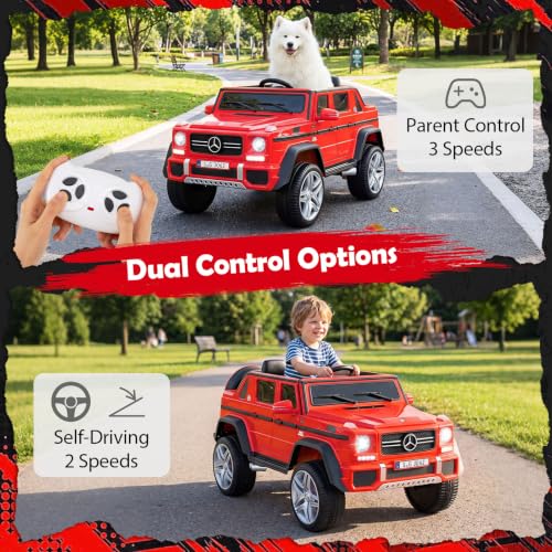 Image of Costzon Ride on Car, Licensed Mercedes-Benz Maybach, 12V Battery Powered Vehicle Toy w / 2 Motors, Remote Control, 3 Speeds, Lights, Horn, Music, Aux, Storage, Truck, Electric Car for Kids (Red)