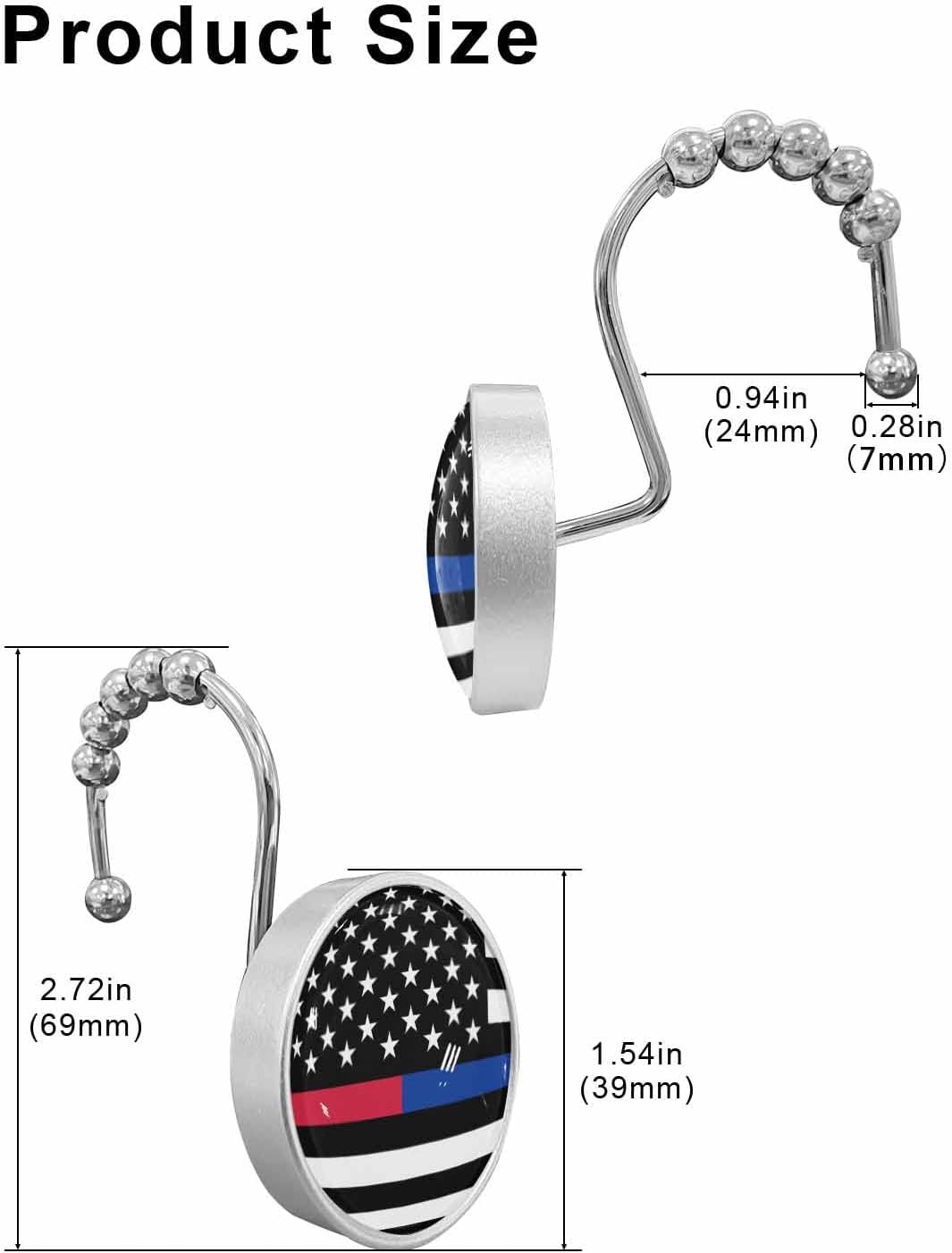 Shower Curtain Hooks 12 Pcs, Thin Blue Line Stainless Steel Rust Proof Rolling Shower Curtain Rings, Decorative Shower Curtain Hooks Hangers for Bathroom