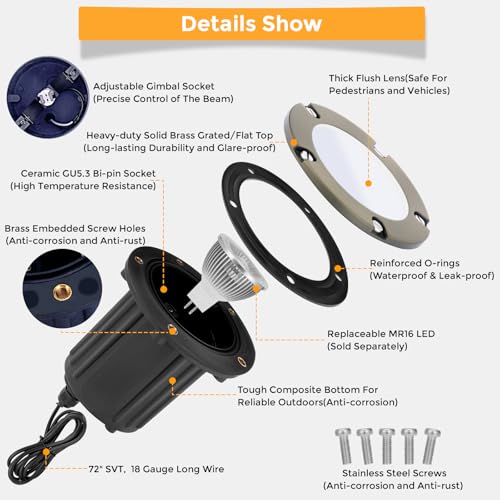 Gardencoin Brass Low Voltage Landscape Well Lights (5" Cover, 5.5" Tall), 12V LED Wired In-Ground Outdoor Up Lighting Fixture Waterproof, Adjustable Beam Direction Base, Without MR16 Bulb (12 Pack) - Image 3