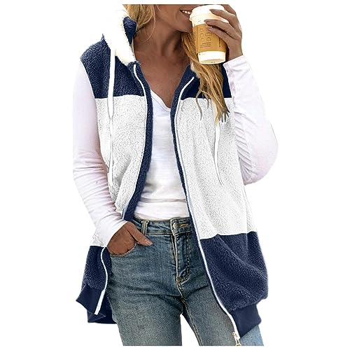 Sudadera de felpa mujer talla grande abrigo cálido blusa suelta color block azul