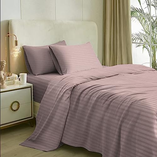 Image of Naksh 100% Cotton 210 TC Stripes Elastic Fitted Bedsheets Queen Size 78 x 60 Inches, Cameo Rose | 1 Elastic Bedsheet Queen Size Cotton & 2 Pillow Covers | Wrinkle Free Bed Cover with Elastic
