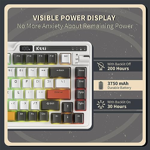 KZZI Teclado mecânico K75 PRO RGB 75% sem fio, modo triplo BT 5.0/2.4G/USB-C 82 teclas hot swappable
