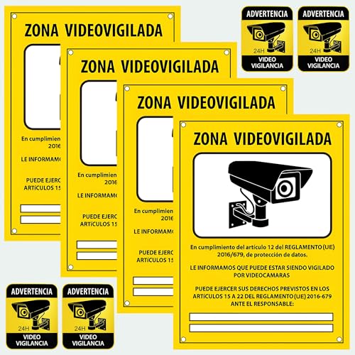 ITALMI® Set 4 Cartel Videovigilancia de PVC + 4 Adhesivo | Placa zona videovigilada 20x15 cm + adhesivos pequeños para añadir una seguridad extra. (4)