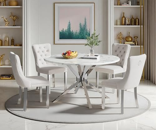 Image of 5-Piece Round Dining Table Set for 4, Modern Faux Marble Kitchen Table and Beige Velvet Chairs Set of 4, Luxury 45 inch Circle White Silver Dining Room Tables with Stainless Steel Cross Legs