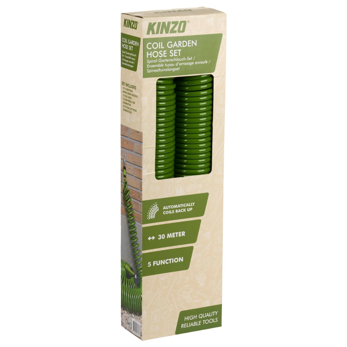 Kinzo Spiral Garden Hose Set 30M - Tubo da giardino ad avvolgimento automatico - incl. testina di spruzzo